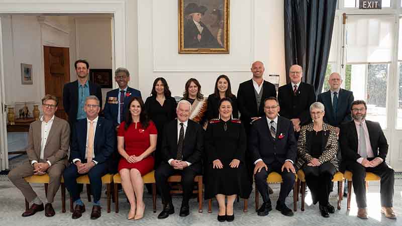 Dr Reuben Collier pictured alongside fellow 2025 Research Honours recipients, the Governor-General, Ministers of Education and Science, and Royal Society Te Apārangi representatives at Government House in Wellington.